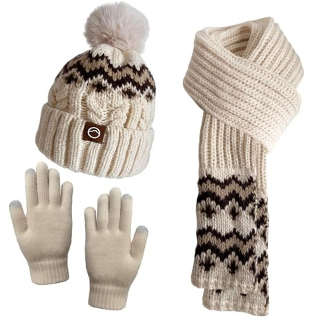 embermomo Weiche Strickmode für Damen mit Fair Isle Muster,mütze, schal & handschuh-sets für damen Winterwärme-Trio-Set