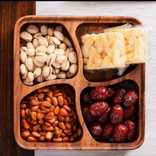 Plateau de service en bois de noyer avec quatre compartiments, plateau de service empilable pour servir des noix, des fruits et des apéritifs dans des sections organisées