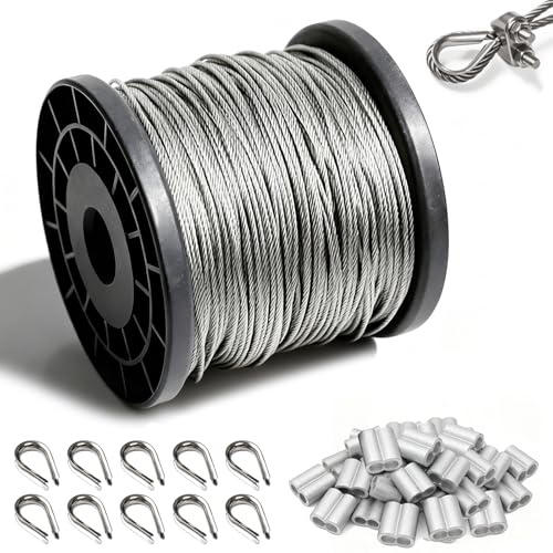 1.5 mm Picture Wire, 100 m Stainless Steel Cable Metal Wire Rope Garden 7x7 Strand Core With 30 Aluminum Crimping Loop 10 Cable Thimbles for Hanging Clothes Line Climbing Plants