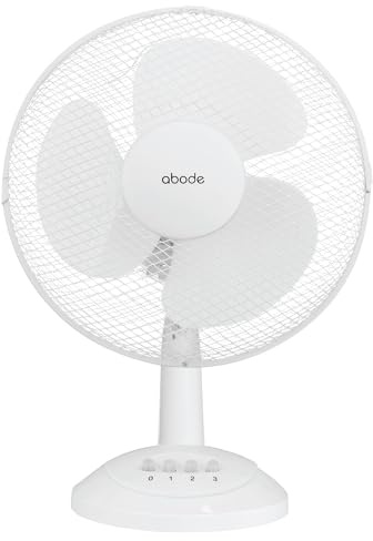 Abode 12 Inch, Lightweight, Portable Desk Fan, 3 Speeds, Wide-Angled Oscillation, Powerful Airflow, Quiet Operation, Perfect for Bedroom or Office, White - APDF1221-AZ