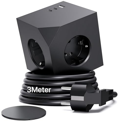TQOGGCQ 6 en 1 Cubo Regleta Enchufe con 2 USB-C PD20W Carga Rápida de 3 Enchufes, Cubo Multiple con Parche Magnético y Alargador 3 Metros, MAX 3680W, 16A, para Hogar Oficina, Negro