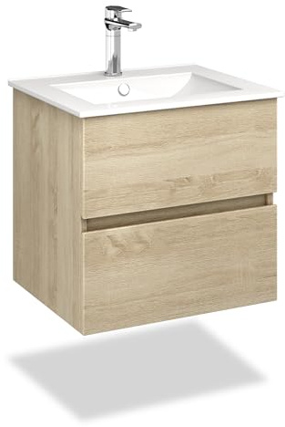 VILSTEIN Waschbecken mit Unterschrank – Set 60 cm in Hellbraun – Waschbeckenunterschrank [Soft-Close SCHUBLADEN] & Keramik-Waschbecken – Modernes Badezimmermöbel aus feuchtigkeitsbeständigem Material