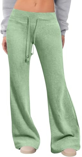 Utsvängda byxor kvinnor säckiga träningsbyxor kvinnor Y2K, elastisk hög midja magkontroll bootcut byxor klocka jeans med fickor och dragsko avslappnad passform damer breda ben joggingbyxor, gRÖN, M