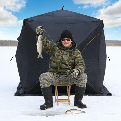 lilishangmao Instant Pop-Up Ice Fishing Shelter – Insulated 3-4 Person Tent with Carry Bag & Stove Jack for Winter Camping/Outdoor Sauna, Portable Ice Shanty, 2 Doors/Windows