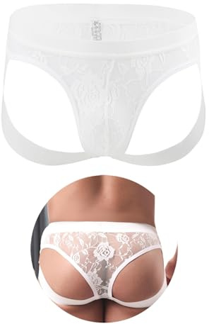 comeondear Jockstrap Hombre de Encaje Sexy, Suspensorio Hombre Transparente con Cintura Elástica Ancha, Tanga Hombre con Tiras Elásticas, Ropa Interior Transpirable y Cómoda Blanco,XL