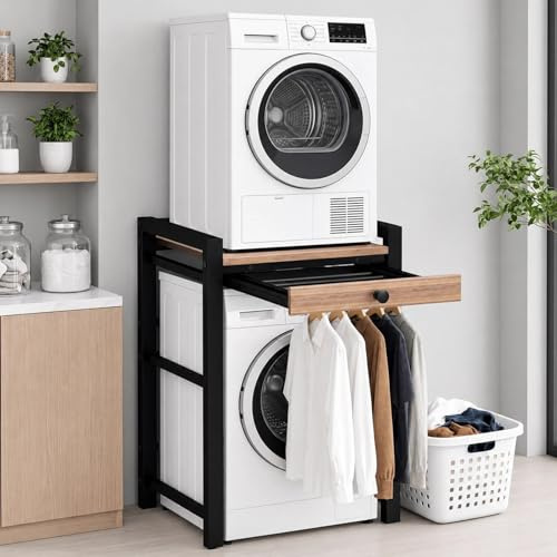Waschmaschinenregal mit Auszug, Waschmaschinen Regal über Waschmaschine & Trockner - Waschmaschinenschrank aus Holzwerkstoff & Metall 350 kg Tragfähigkeit für Waschküche Badezimmer Schwarz