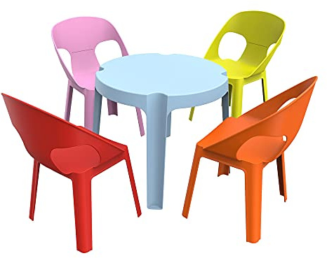 Resol Rita Conjunto Mesa Infantil con Sillas | 4 Sillas Niños y Mesa de Plástico | Apilables y de Muy Fácil Limpieza y Mantenimiento | Set Rita 4 (Mesa Azul + 4 Sillas Roja/Rosa/Naranja/Lima)