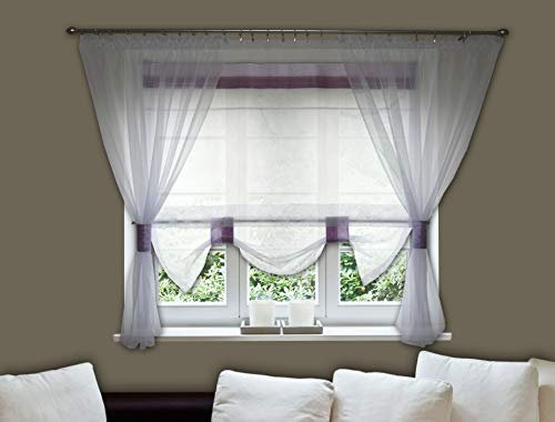 Raffrollo Rollo mit Schlaufen Raffgardinen Gardine Fertiggardine Panel Weiß Braun Violett Kräuselband Smokband Store 180-220 cm AG37 (Violett)