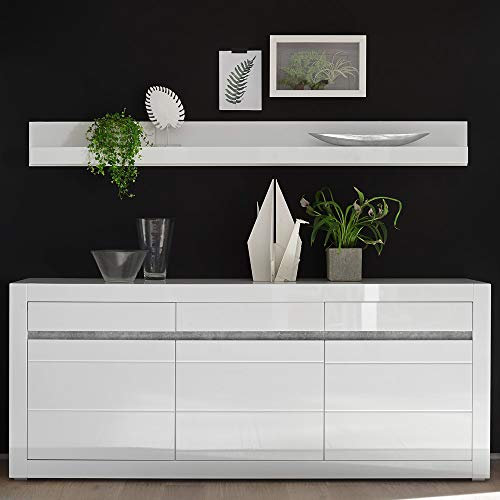 Lomadox Sideboard und Wandboard in Hochglanz weiß mit Griffmulden in Betonoptik BxHxT: 217x165x42cm