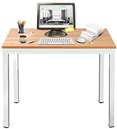 DlandHome Computertisch Schreibtisch Holz 100 x 60 cm Laptop PC Tisch, Moderner Bürotisch Arbeitstisch Esstisch aus Holz und Stahl für Büro und Zuhause, Teak/Weiß