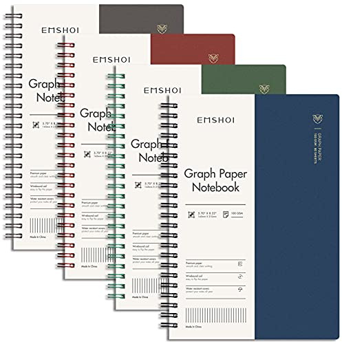 EMSHOI Graph Paper Spiral Notebook 5.7 x 8.22 - 4 Pack 640 Pages 100gsm Thick Grid Paper, A5 Graph Paper Notebook, Plastic Hardcover Journals for Writing Engineering Graphing Work School Supplies