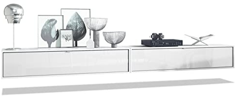 Vladon 2er-Set TV Board Lana 140, Made in Germany, Lowboards je 140 x 29 x 37 cm mit viel Stauraum, Korpus in Weiß matt, Fronten in Weiß Hochglanz | Große Farbauswahl