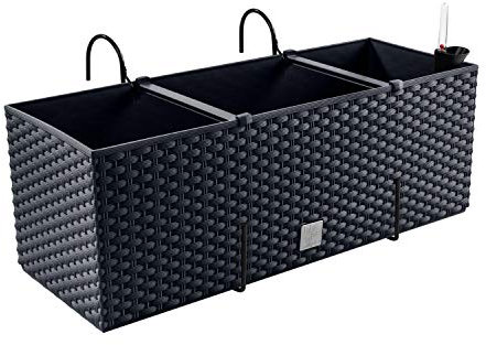 PAFEN Jardinière - Aspect rotin - Avec supports - 4 couleurs - Indicateur de niveau d'eau - Pour balcon - Anthracite
