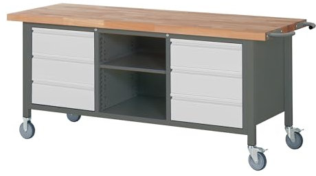 STIER Fahrbare Werkbank Premium mit 6 Schubladen und einem offenen Fach BxTxH 2000x700x880mm