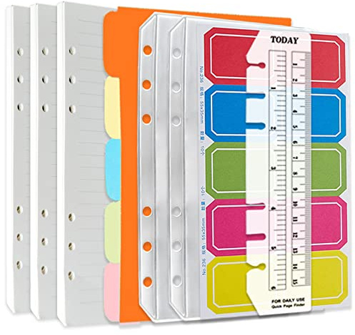 DY.2ten A6 Nachfüllbares Notizbuch-Set - 3 Pack Liniertes Nachfüllpapier, Reißverschluss-Bindertaschen, Trennblätter, Papier-Nachfüllpackung für 6 Ring Binder