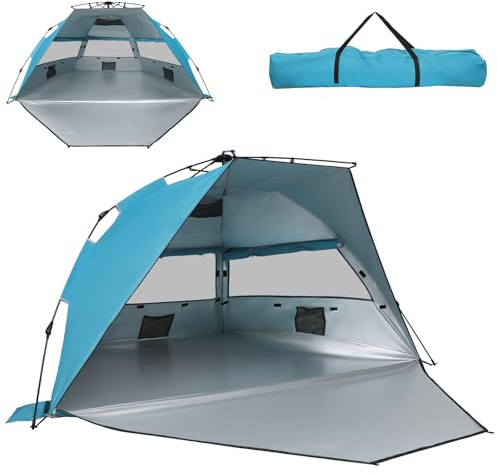 ZealWe Strandmuschel Pop Up Strandzelt mit UV-Schutz 50+, Automatisches Strand Zelt für 3-4 Personen, Wurfzelt Tragbar Sonnenschutz Windschutz Strand Sun Shelter für Familie Camping Garten Blau