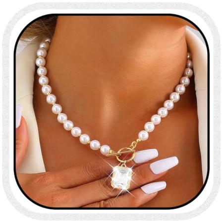 Reaky Colliers de perles avec pendentif en strass, chaîne de perles dorées pour femmes