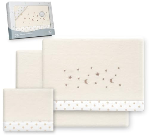 Interbaby - Juego Sabanas Cuna 60x120 Poliester 100% | Sabana Cuna Coralina, Cálida | Incluye Sabana Bajera, Encimera y Funda de Almohada | Ideal para Invierno | Estrella Luna Beige