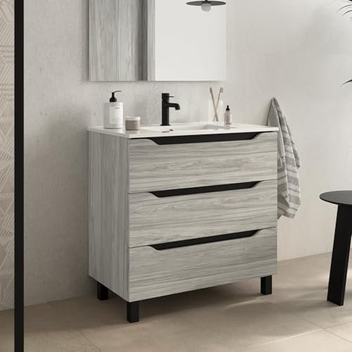 bathme Trio Mueble de Baño con Lavabo 3 Cajones Color Roble Cambrian - Medida: 80 cm 80 cm