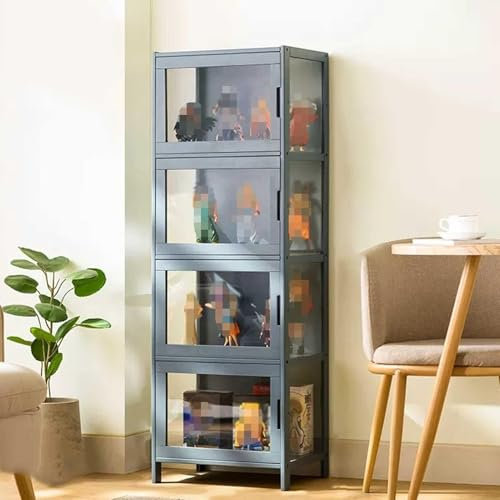 Standvitrine für Sammlerstücke mit transparenter Acryltür und natürlichem Bambusrahmen, versiegelte, staubdichte Verbundplatte, Grau (4f)