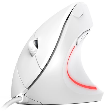 TechRise Ratón Vertical, Ratón Ergonómico Silencioso 1000-6400 dpi con Cable USB de 1.5m, Protege el Brazo, 6 Botones, Iluminación LED, Sensor Óptico para PC, Ordenador, Portátil, Mac, Blanco