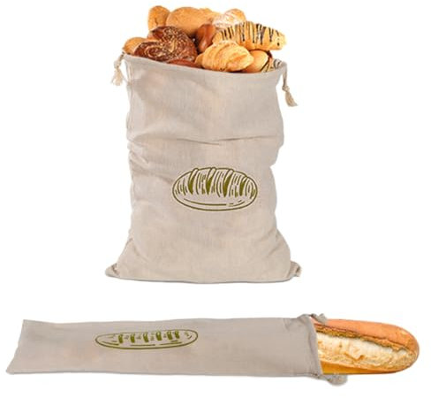 VZU 2 Stück Brotbeutel Leinen mit Kordelzug, 40x30cm/67x15cm Brotbeutel Aufbewahrung Frischhalten, Wiederverwendbar Brotsack, Bäckerleinen für Brot, Nüsse, Obst, Gemüse, Körner, Baguette