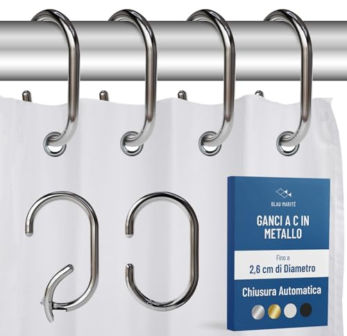 Blau Marité 12 Ganchos Metálicos en forma de C para Cortina de Ducha. Anillas Decorativas para cortina de ducha Resistentes al Óxido. Para Barras de Hasta 2,6 cm de Diámetro (C, Plata)