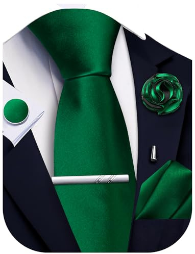 Ailisus Juego de corbata y pañuelo de bolsillo, corbata sólida, gemelos, clip de corbata, pin de solapa para hombre, para bodas, negocios, 5 piezas, Verde esmeralda., Taille unique