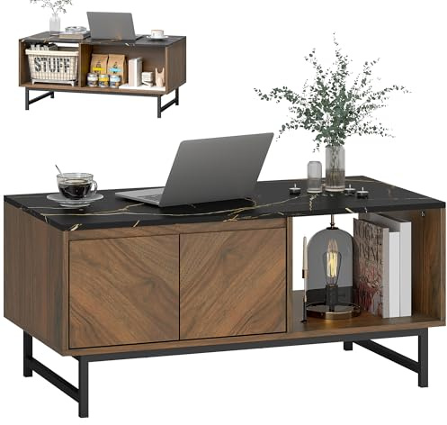 HOMCOM Table Basse, Plateau Effet Marbre, 100 x 50,8 x 45,7 cm, Noyer | Table de Salon, 2 Portes, 2 Compartiments Ouverts, Cadre en Acier, Style Moderne, Salon, Bureau