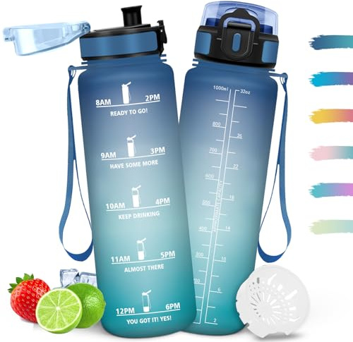 Mulbijeo Gourde 1L, Étanche & Réutilisable, Gourde Sport, Slogans de Motivation Marqueur Horaire, Bouteille, Portable, Bouteille D'eau pour Salle de Sport, Vélo, Bureau, Extérieur, École