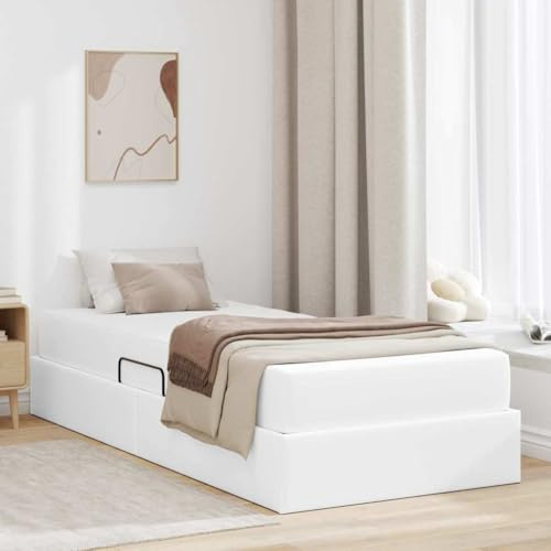 sephironlbb vit läderförvaringssäng med madrass, 90 x 190 cm enkelsäng med hydraulisk sidolyft, robust metallram för sovrumsmöbler
