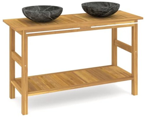 mtlskopl Doppelwaschtisch mit 2 schwarzen Marmorbecken aus Teakholz Massiv, Badezimmerschrank mit Handtuchstange, Rustikaler Waschtischunterschrank fürs Bad, 132 x 45 x 75 cm