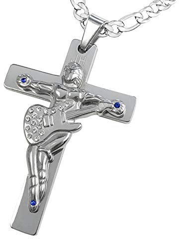 AURSTORE Pendentif Croix Guitare JH, Collier Johnny hallyday, Vendue à Ses Concerts, Parure en Acier Inoxydable avec Cordon en Cuir de 55cm ou chaine Acier 60cm, Acier inoxydable, Pas de gemme