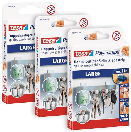 tesa Powerstrips Large im 3er Pack - Doppelseitige Klebestreifen zur Montage von Gegenständen auf glatten Oberflächen - Bis zu 2 kg Halteleistung - insgesamt 30 Powerstrips Weiß