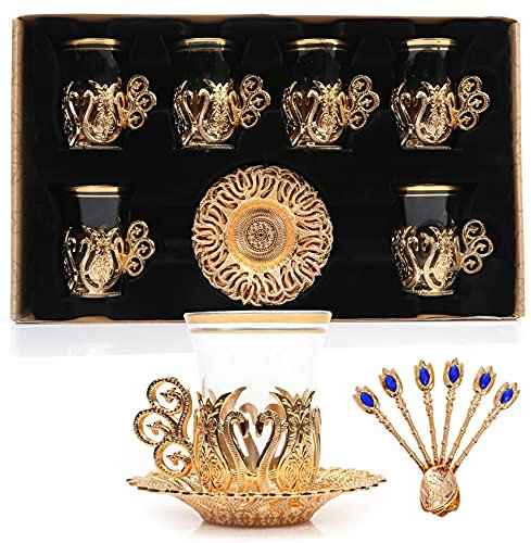 Alisveristime Set mit 6 handgefertigten türkischen Tee-Wasser-Zamzam-Serviergläsern, Untertasse und Löffel (Ottomane) (Gold)