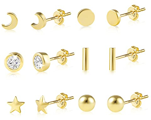 4/6Paar Mehrere Silber 925 Ohrringe Ohrstecker Kleine Set für Damen Mädchen | Silber 925 Ohrstecker Set Kleine Schläfer Knorpel Ohrringe Ohrsteck mit Zirkon Stein Blumen Herz Perlen Stern Mond Ohrsteck