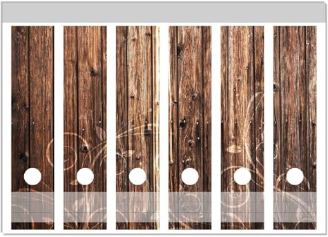 Wallario Ordnerrücken Sticker Holz in Dunkelbraun mit Blumenmuster - Schnörkel - Größe 6 Stück, Rückenschilder für 6 breite Ordner, Klebeetiketten