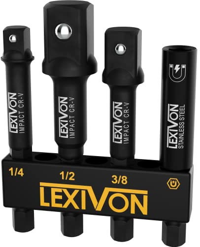LEXIVON Impact Stecknuss Adapter bit & Magnetic bithalter Set | 4 Stück of 1/4-Inch Hex Shank Extension auf 1/4, 3/8, and 1/2 Drive (6.35 | 9.5 | 12.7mm)