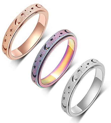 LuckyAmor Fidget Ring Women Anti Anxiety Ring：Titanium Stainless Steel Spinner Ring, 3 Colors,Rainbow、Rose Gold 、Silver，4MM width,Moon Star Hollow, 7 UK, Metal, No Gemstone
