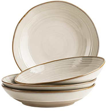 MÄSER Serie Nottingham, set di 4 piatti fondi con linee in filigrana e smalto elegante, grandi piatti profondi per pasta e zuppe in ceramica, look vintage, gres, beige