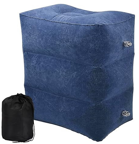 Foot Rest Travel Pillow Folding Portable, Inflatable Foot Rest Cushion Muti-Functional, Adjustable 3 Layers Footrest Pillow, Travel Footstool with Bag and Inflator for Long Flight, Train, Cars (Blue)