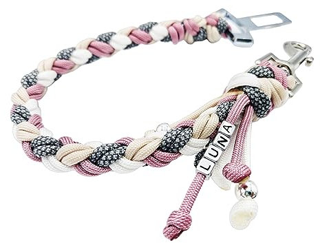 Hunde-Sicherheitsgurt für Transport im Auto, Personalisierbar mit Namen, Rosa & Beige & Grau & Weiß (S)