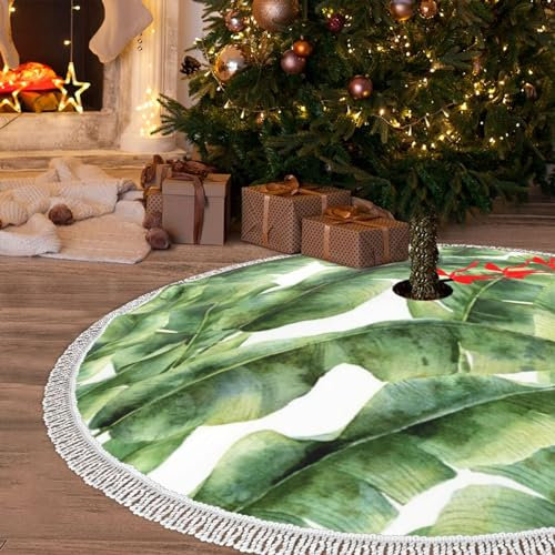 76,2 cm Weihnachtsbaumrock Aquarell Bananenpflanze Druck Weihnachtsbaum Rock mit Quaste Weihnachtsdekoration Matte für Zuhause Party Urlaub Ornamente