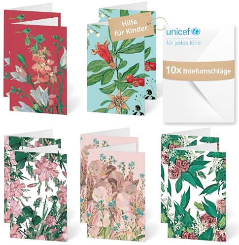 Unicef Blumenkarten Set Retroblumen | 10 Klappkarten mit Umschlägen | Helfen Sie Kindern in Not: FSC-Papier, 10 Karten mit Umschlägen (17,5 x 11,7 cm) – Retro-Blumenkarte