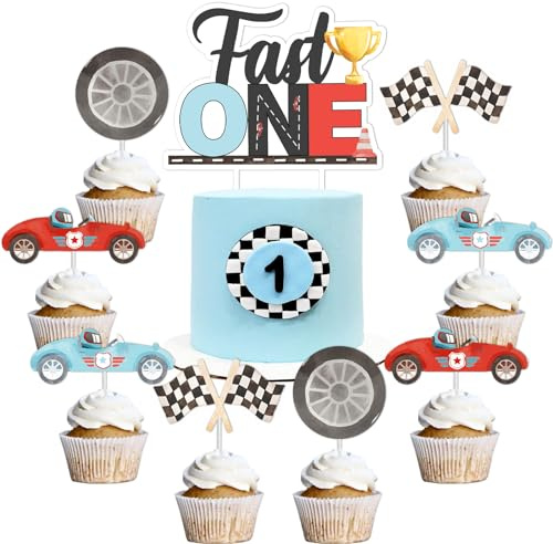 Funmemoir Fast One 1. Geburtstag Kuchenaufsatz, 25 Stück, Rennwagen-Thema, Rot, Schwarz, Weiß