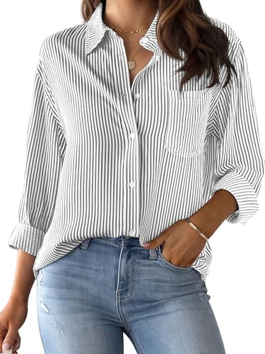 CUNLIN Grey Shirts for Women Gray Blouse Striped Shirt Long Sleeve Oversized Button Down Blouses Fashion Vertical Tops Top Grey Size M