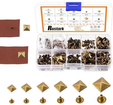 Rustark 150 Sets 6 Sizes 6mm 7mm 8mm 9mm 10mm 12mm Antique Brass Pyramid Rivet Square Leather Rivets Kit Metal Studs Pyramid Rapid Rivet Studs Assortment Kit for DIY Leather Craft Decorations
