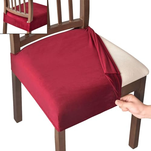 JHLD Samt Esszimmerstuhl Sitzbezüge 4er Set, Esszimmerstuhl Sitzbezug Abnehmbare Waschbar Stretch Sitzbezug Esszimmerstuhl Anti-rutsch Plüsch Stuhlhussen Für Küche Bankett-Weinrot-4er Set
