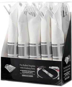 DECORLINE 10 Stück Besteck-Sets - Elegantes Kunststoff-Besteckset mit Vorgerollte Serviette mit Silberbesteck: 10 Gabeln, 10 Messer, 10 Löffel, 10 Servietten, 10 Papierringe Wiederverwendbares Besteck