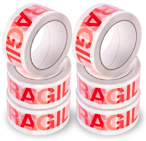 OFITURIA Ruban Adhésif, Ruban d'Emballage Idéal pour l'Emballage de Cartons, Expéditions et Déménagements, Rouleau de Ruban Blanc avec Texte Rouge Fragile, Bande Adhésive Résistante (Fragile)